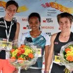 BERN, 12JUN16 - Ehrung fuer die Schnellsten: Siegerin Helen Tola Bekele (M), Zweitplatzierte Fabienne Schlumpf (L) und Drittplatzierte Maja Neuenschwander (R) alle aus der Schweiz strahlen auf dem Podest um die Wette. Impression vom 30. Schweizer Frauenlauf in Bern am 12. Juni 2016.Impression of the 30th Swiss Women's Run in Bern, Switzerland, June 12, 2016. With more than 16,000 participants, the Swiss Women's Run is the largest women's sports event in Switzerland.swiss-image.ch/Photo Michael Buholzer